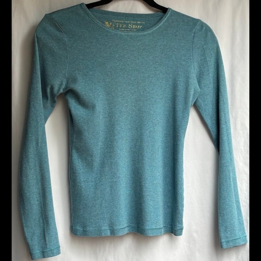 Vintage Y2K Soft Fitted Long Sleeve Tee Dusty Blue Gold Foil Tag Minimalist S